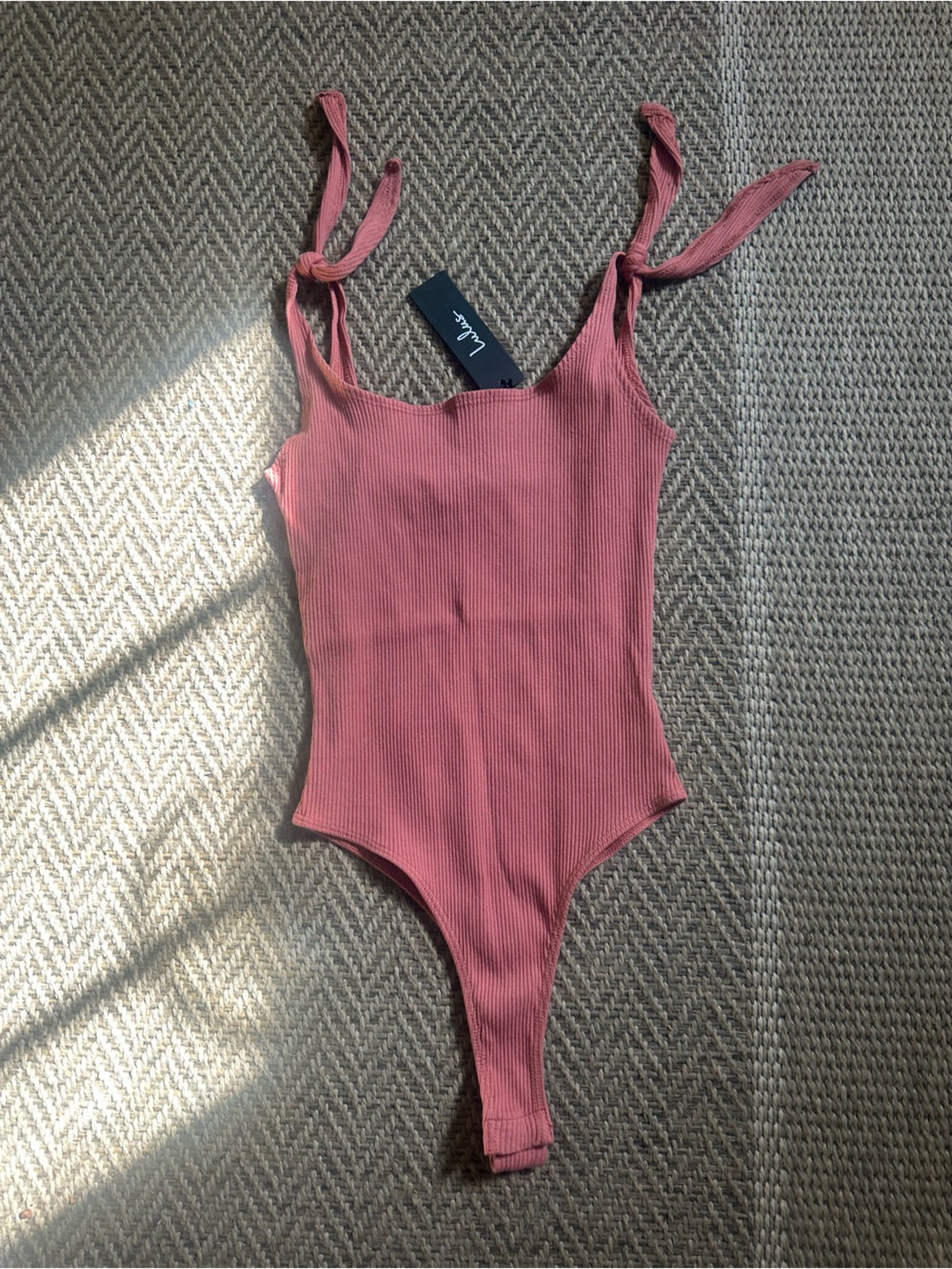 Lulu's Mauve Pink Ribbed Tie-Shoulder Bodysuit